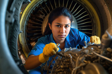 A female apprentice aircraft maintenance engineer work underneath jet engine.