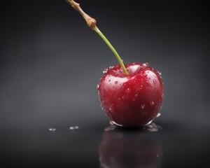 Fresh Cherry with Droplets on Dark Background - Juicy Red Berry Illustration