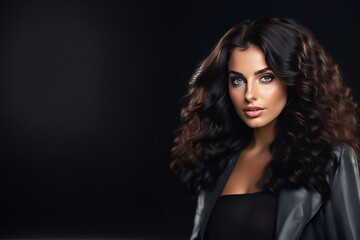 Fototapeta premium Black hair woman. Beautiful brunette hairstyle fashion portrait with beauty long black hair over black background. fashion interior photo of gorgeous woman with long dark hair