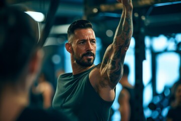 A male fitness coach leading a high-intensity workout session in a gym, demonstrating strength and motivation.