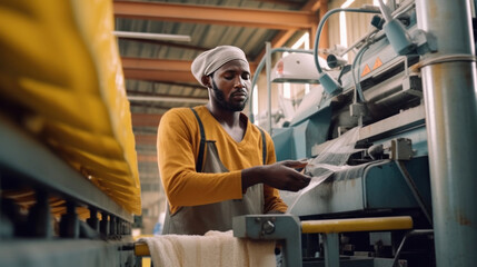 A male manufacturers african working on production line at plastic bag machine.