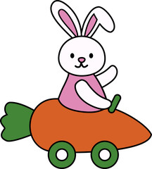Cartoon style Easter bunny driving a car shaped like a carrot vector