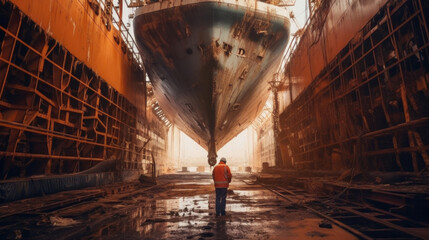 A worker checking underside of ship in dry dock.