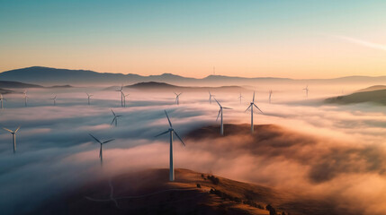 Aerial view of Solar energy and wind turbines in fog.