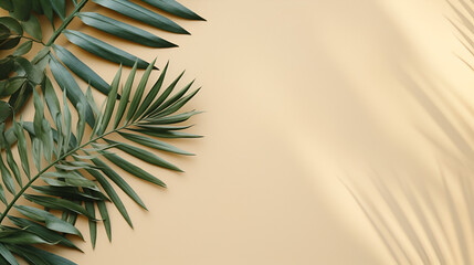 Green Palm leaves on beige background with copy space, Tropical background for a product placement palm tree leaves, AI generated