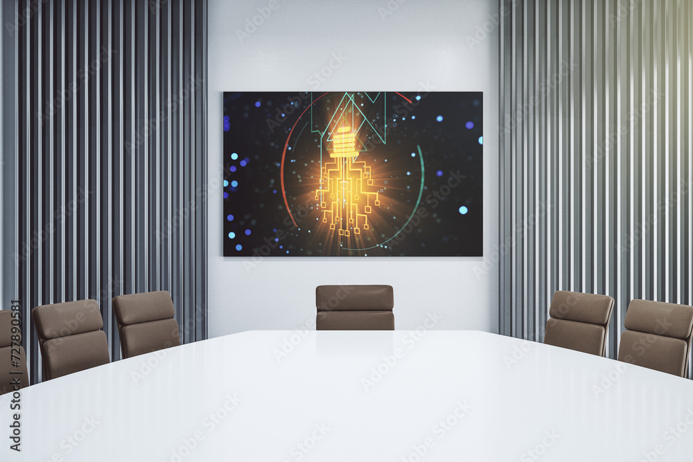 Poster creative light bulb hologram and chip on presentation tv screen in a modern meeting room, idea and b