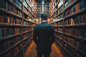 A businessman in a library surrounded by books, symbolizing continuous learning, research, and the pursuit of knowledge in business.