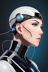 3D illustration of science fiction female humanoid cyborg lost in futuristic neon lit cyberpunk city