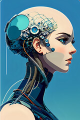 3D illustration of science fiction female humanoid cyborg lost in futuristic neon lit cyberpunk city