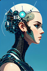 3D illustration of science fiction female humanoid cyborg lost in futuristic neon lit cyberpunk city