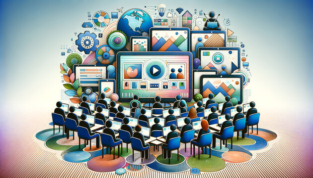 Global Online Learning: Diverse learners connected through sleek devices in a serene digital classroom.