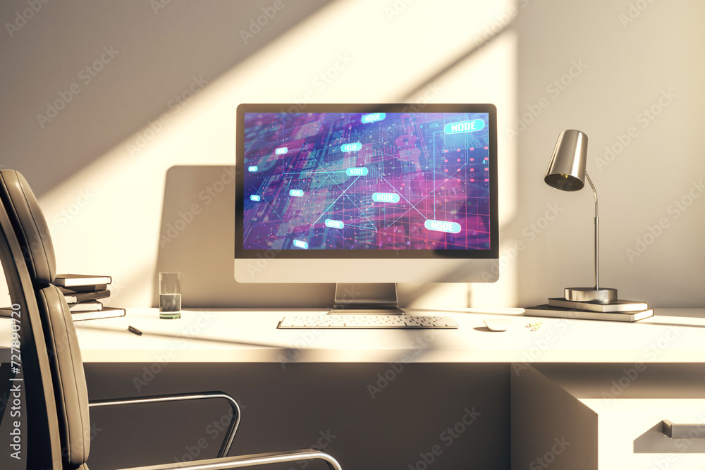 Aufkleber Modern computer screen with abstract creative coding sketch, artificial intelligence and neural networks concept. 3D Rendering