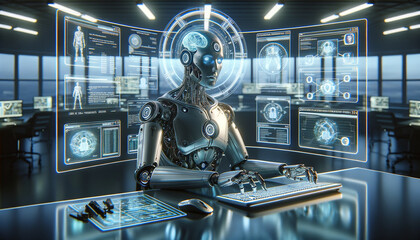 Sleek humanoid robot in high-tech control room executing social engineering attack. - obrazy, fototapety, plakaty