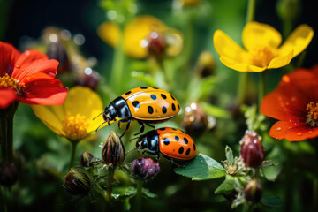 Close-up of two ladybugs on colorful garden flowers ideal for nature and wildlife enthusiasts
