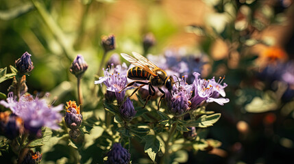 Bee pollinating purple flowers in a vibrant summer garden scene ideal for nature and environmental themes