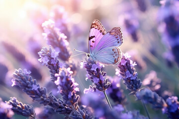 Naklejka premium Butterfly on lavender flowers symbolizing wildlife beauty and spring pollination perfect for nature conservation themes