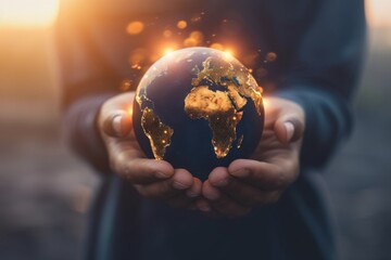 A businessman's hands holding a glowing globe, symbolizing global impact and responsibility in business ethics - obrazy, fototapety, plakaty