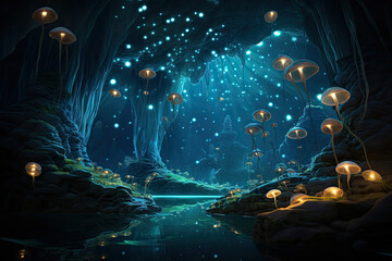 Mystical cave with glowing mushrooms and serene river perfect for fantasy gaming wallpaper or concept art