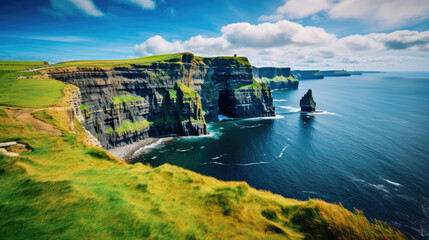 Panoramic view of the majestic Cliffs of Moher under clear blue sky with emerald green grass...