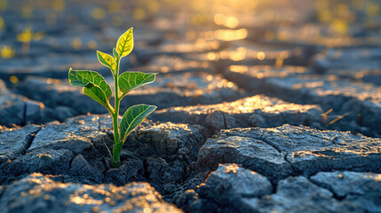 Young plant sprouting from arid soil in glowing morning sunlight symbolizes hope resilience and new beginnings in nature and agriculture
