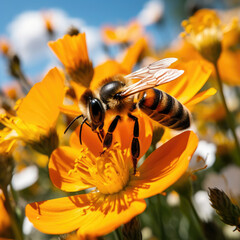 Close-up of a bee pollinating an orange flower in a bright sunny garden highlighting nature conservation and biodiversity