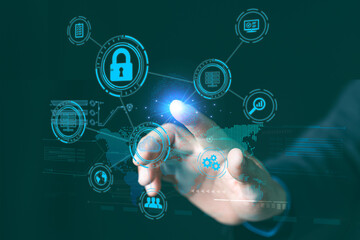Cyber security, The Businessperson pointing to the Cybersecurity icon and a digital key in the image, emphasizing online security. Soft hands assure trust and safety in your online business endeavors.