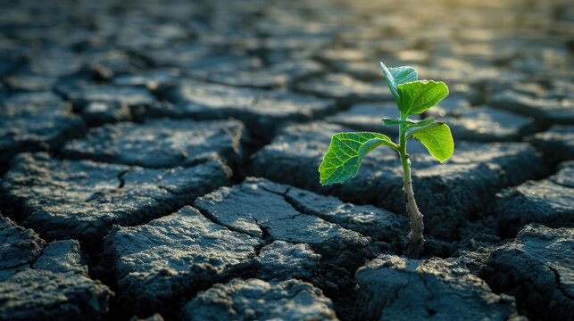 Young plant sprouting in arid cracked soil symbolizing hope and resilience in agriculture and environmental campaigns