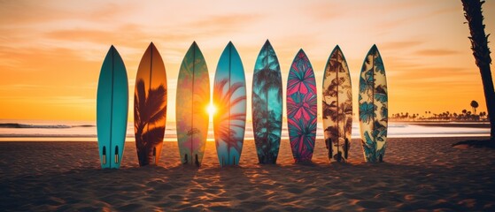 Surfboards on the beach at sunset. Surfboards on the beach. Vacation Concept with Copy Space. Surfboards on the beach. Panoramic banner. vacation concept.	