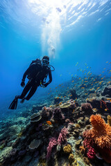 Scuba diver exploring vibrant coral reef with marine life adventure tourism underwater photography travel leisure activity tranquil ocean environment