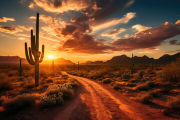 Dramatic sunset over a desert landscape with cactus and dusty road ideal for travel and tourism themes