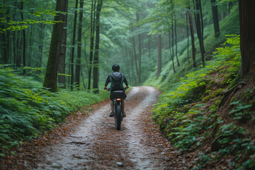 Cyclist on a mountain bike trail in a lush green forest enjoying solitude and nature while engaging in physical activity and adventure