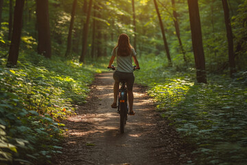 Young woman cycling on a tranquil forest trail in summer conveying concepts of adventure leisure and wellbeing perfect for fitness outdoor lifestyle and travel industries