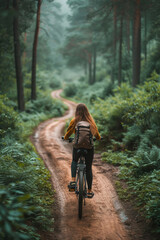 Young woman cycling down a winding forest path promoting outdoor exercise and ecotourism