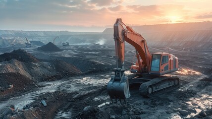 Excavator and truck parking with mining industry background - obrazy, fototapety, plakaty
