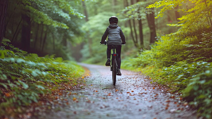 Person enjoying a serene bike ride along a forest path in autumn illustrating leisure cycling and eco-friendly transportation in a tranquil natural environment