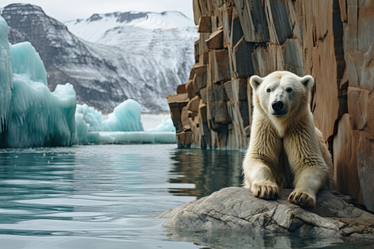 Polar bear sitting on a rock against icebergs and snowy mountains in a picture for wildlife conservation