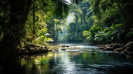 Serene tropical river flowing through lush jungle perfect for travel and eco-tourism