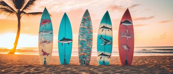Surfboards on the beach at sunset. Surfboards on the beach. Vacation Concept with Copy Space....