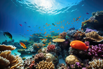 Naklejka na ściany i meble Colorful coral reef with diverse marine life for adventure tourism, conservation education, and snorkeling destinations