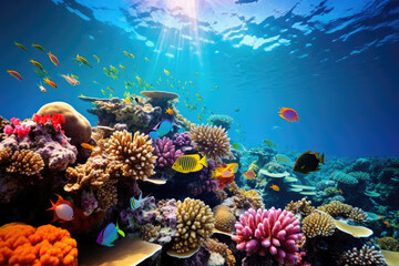 Underwater coral reef bustling with diverse marine life suitable for eco-tourism and educational purposes highlighting beauty and conservation of ocean ecosystems