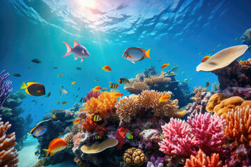 Fototapeta na wymiar Sunlit coral reef bustling with vibrant tropical fish ideal for eco-tourism and marine conservation education