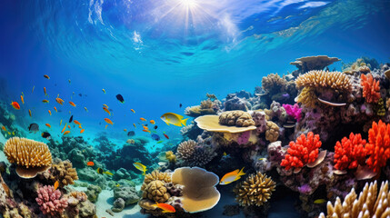 Naklejka na ściany i meble Underwater paradise of a vibrant coral reef bustling with diverse fish and sunlight highlighting the beauty for tourism snorkeling and marine biology education