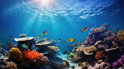 Tropical underwater seascape with diverse fish and coral reef used in education and tourism