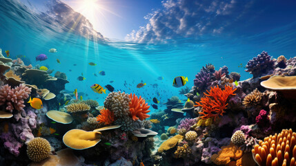 Vibrant underwater scene of coral reef with marine life ideal for ecotourism and environmental conservation themes