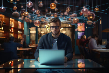 Obraz premium A young entrepreneur typing on a laptop surrounded by digital icons against a tech-inspired background, illustrating the interconnected world of digital business. Generative Ai.