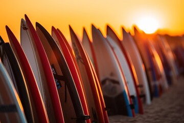 Surfboards on the beach at sunset, panoramic view. Surfboards on the beach. Vacation Concept with...