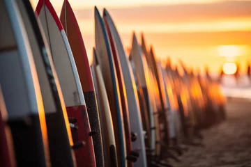 Gordijnen Surfboards on the beach at sunset. Surfboards on the beach. Vacation Concept with Copy Space. Surfboards on the beach. Panoramic banner. vacation concept.  © John Martin