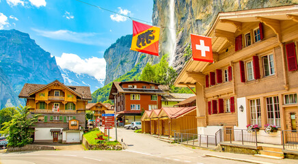 Lauterbrunnen Swiss village and Staubbach waterfall, Switzerland travel photo