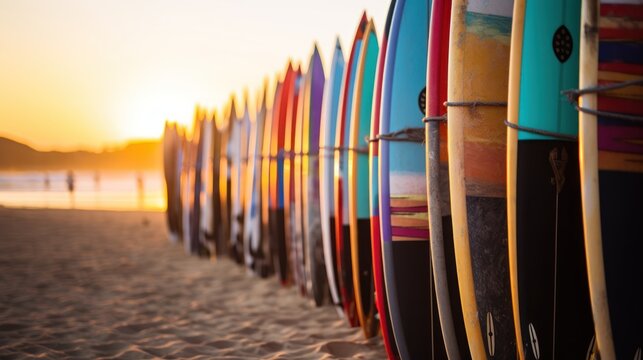 Surfboards on the beach at sunset. Surfboards on the beach. Vacation Concept with Copy Space. Surfboards on the beach. Panoramic banner. vacation concept.	