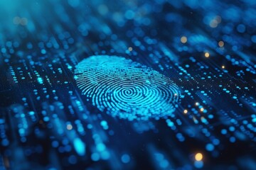 A close-up of a businessman's fingerprint on a digital sensor, symbolizing security, identity, and access in the digital age.